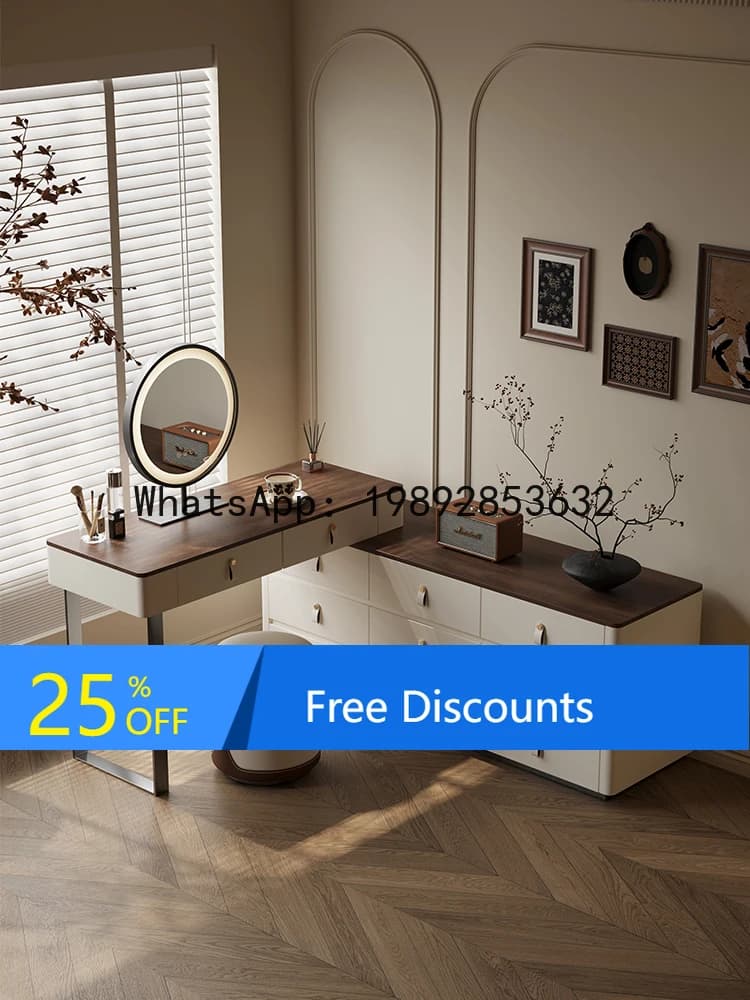 YFY Dressing Table and Chest of Drawers Integrated  Style Saddle Leather Bedside Walnut Makeup Table Nine-Drawer Storage Cabinet