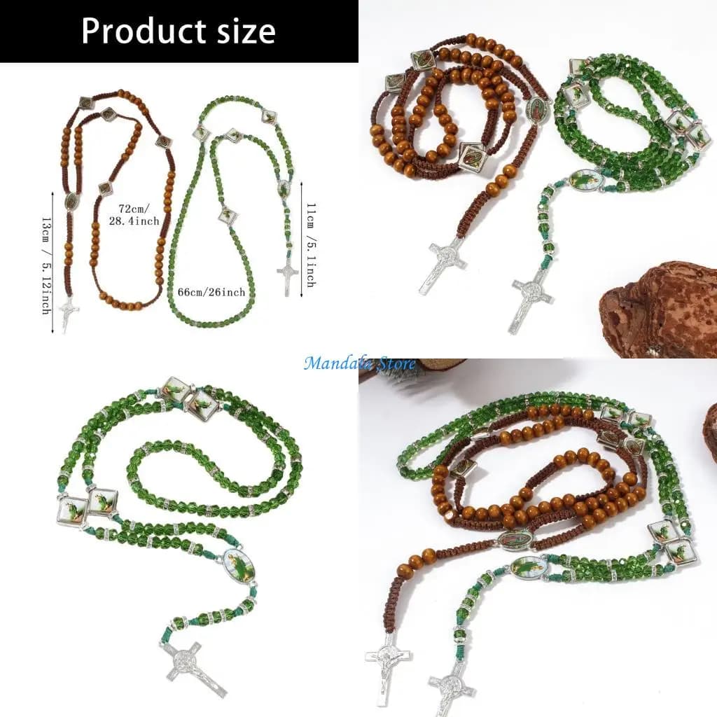 U2JC Beads Catholic Rosary Necklace Wooden Bead Rosary with Miracles Medals Crucifix Crosses Gift for Women Men Prayer Rosary