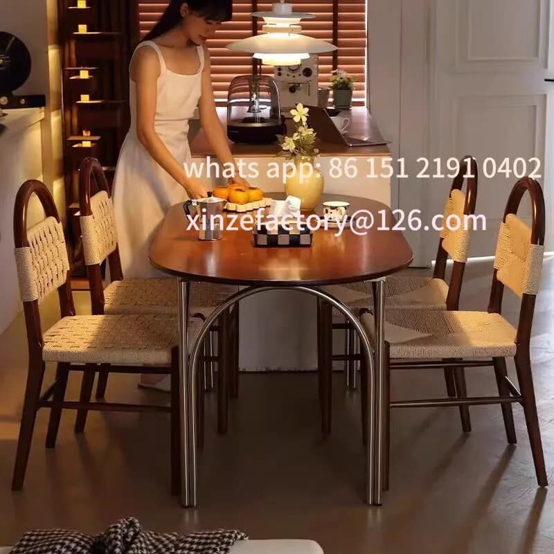 Customizable French medieval dining chair rope woven solid wood chair retro living room home woven backrest casual makeup chair