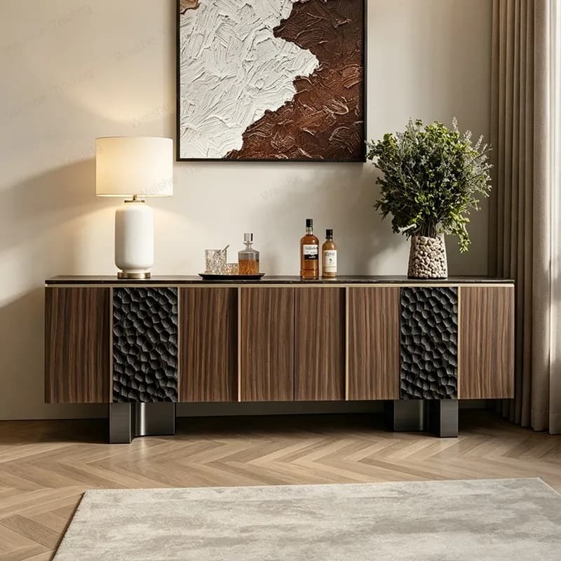 Top Italian light luxury marble 2m TV cabinet high-end living room decoration storage cabinet walnut color low cabinet