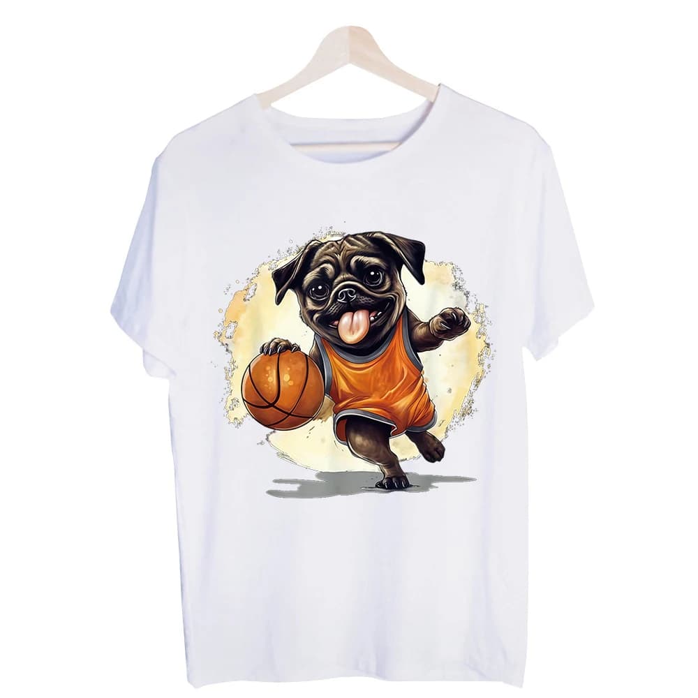 Men's Pug Basketball Player Graphic Tee, Short Sleeve Crew Neck T-Shirt for Casual Streetwear and Sports Enthusiasts