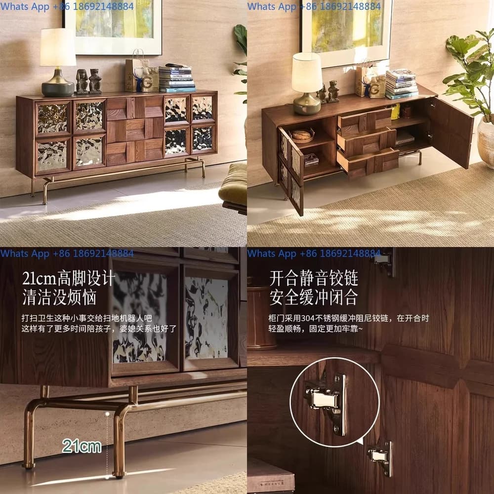 French Vintage Sideboard Solid Wood Living Room Entry Cabinet Glass Door Beverage Storage Cabinet Ash Wood Home Bar