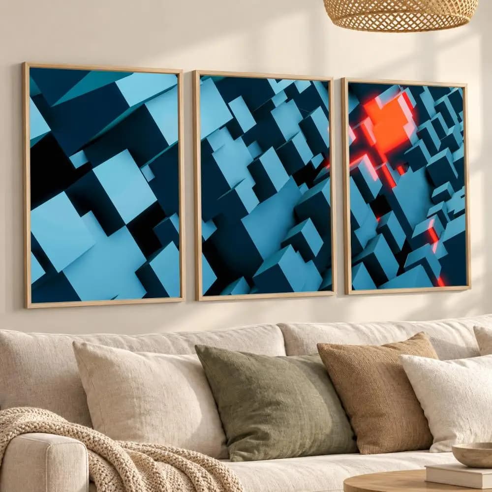 Red Glowing Abstract Blocks Painting Calligraphy Canvas Prints Set of 3 Wall Art for Living Room Decor Vintage Fashion Decals