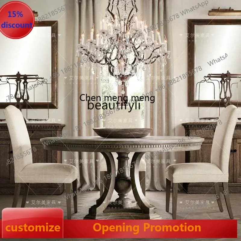 ss7486 American restaurant log old retro round dining table ash wood solid wood carved dining table and chairs New Light Luxury
