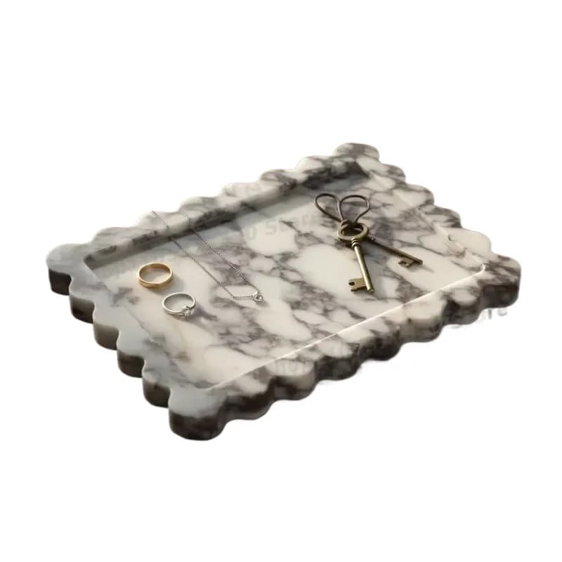 Natural Marble Decorative Tray with Scalloped Edges Luxury Bathroom Vanity Organizer for Home Kitchen Coffee Table Decoration
