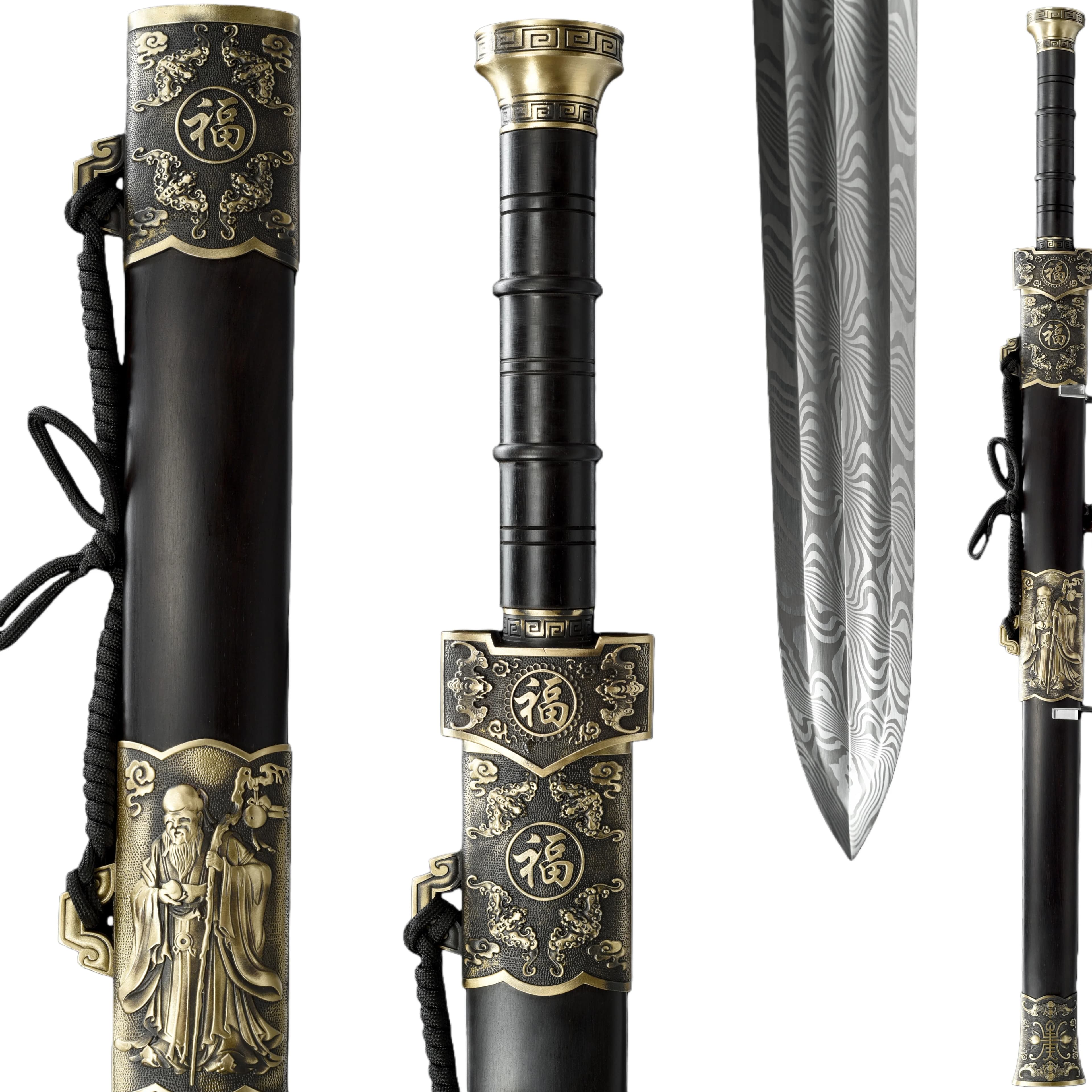 Chinese Fushou Sword Feng Shui Geography Taoist Lucky Gift for Elders, hand-folded Damascus steel forged, sharp blade, katana
