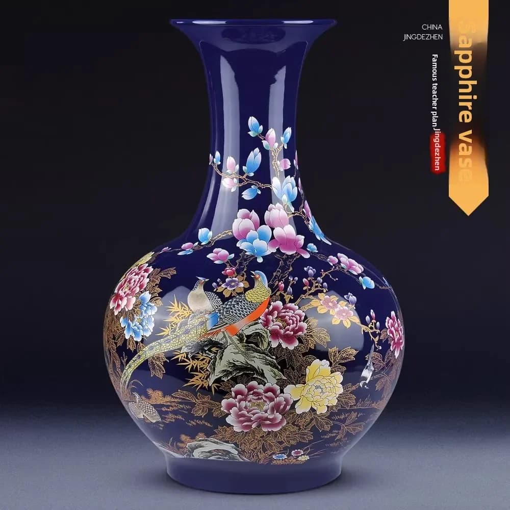 CX sapphire blue glazed bottle cloisonne peony golden chicken vase Chinese ceramic ornament