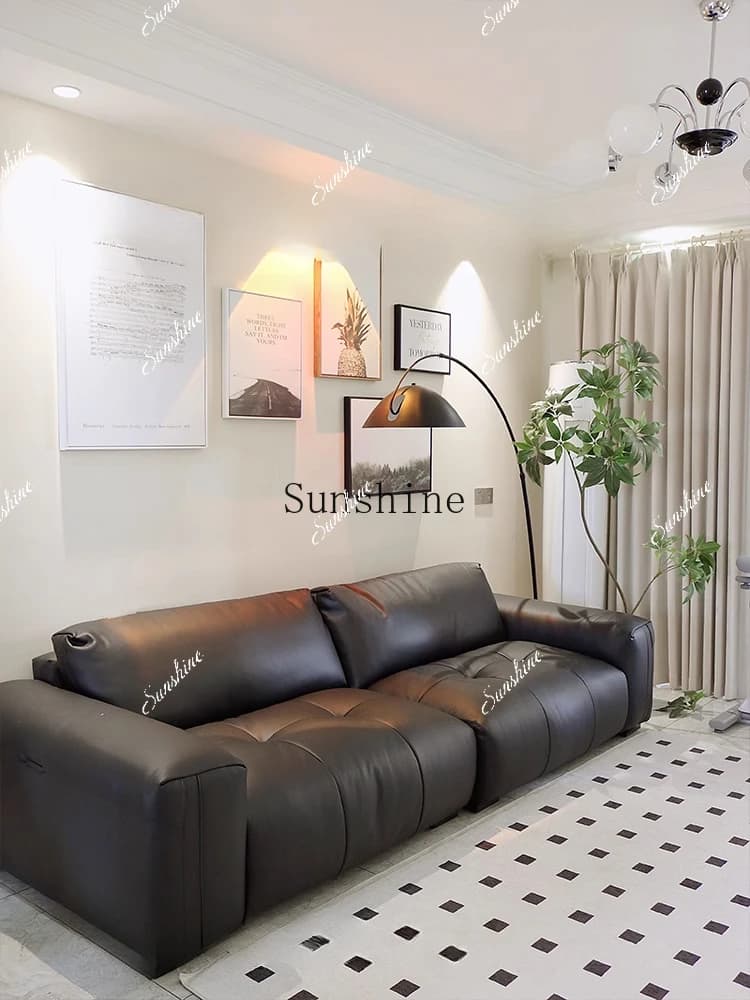 Simple black living room retro large apartment straight row three-person contact surface first layer cowhide  FT