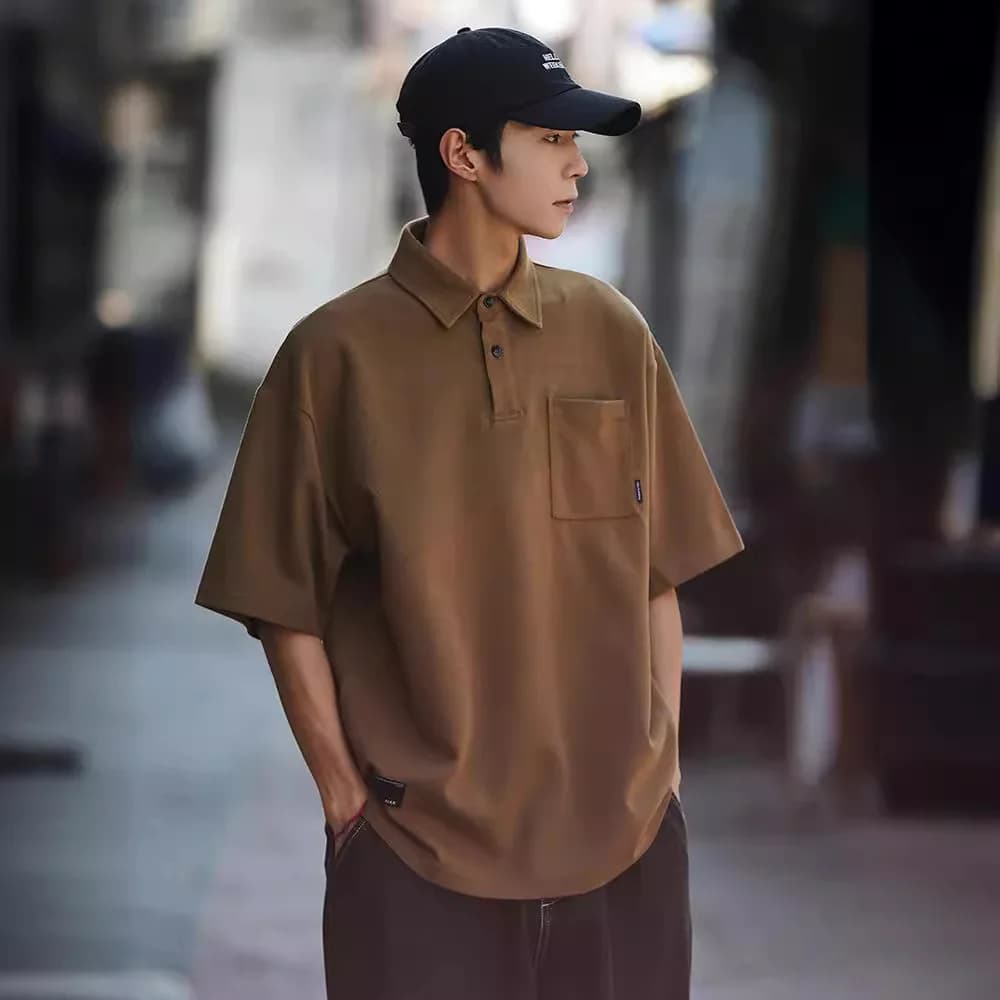 Short Sleeve POLO Shirt Men's Solid Color Pocket Summer Loose Lapel Half Sleeve T-Shirt Casual T-Shirt Top