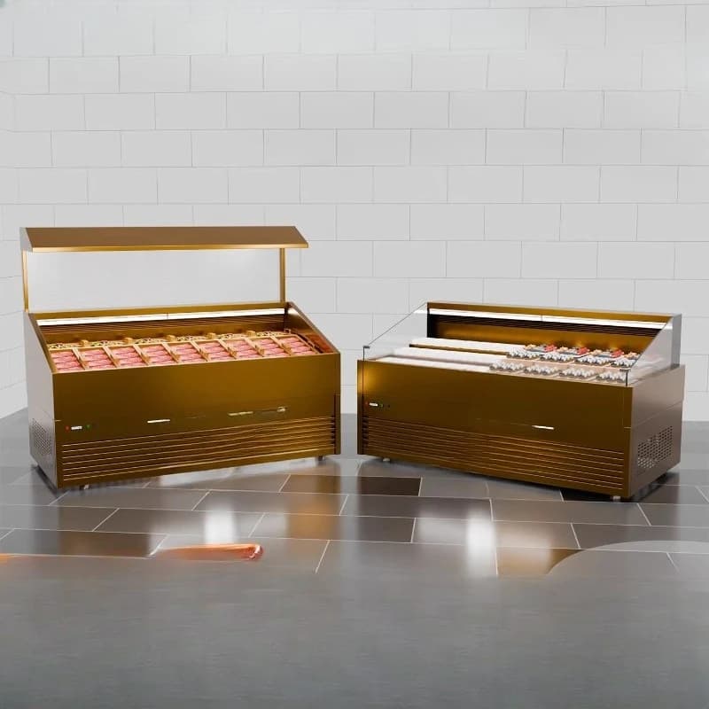 Self-service barbecue display cabinet, rose gold step ice table, buffet display table, dish spray freezer, commercial commercial