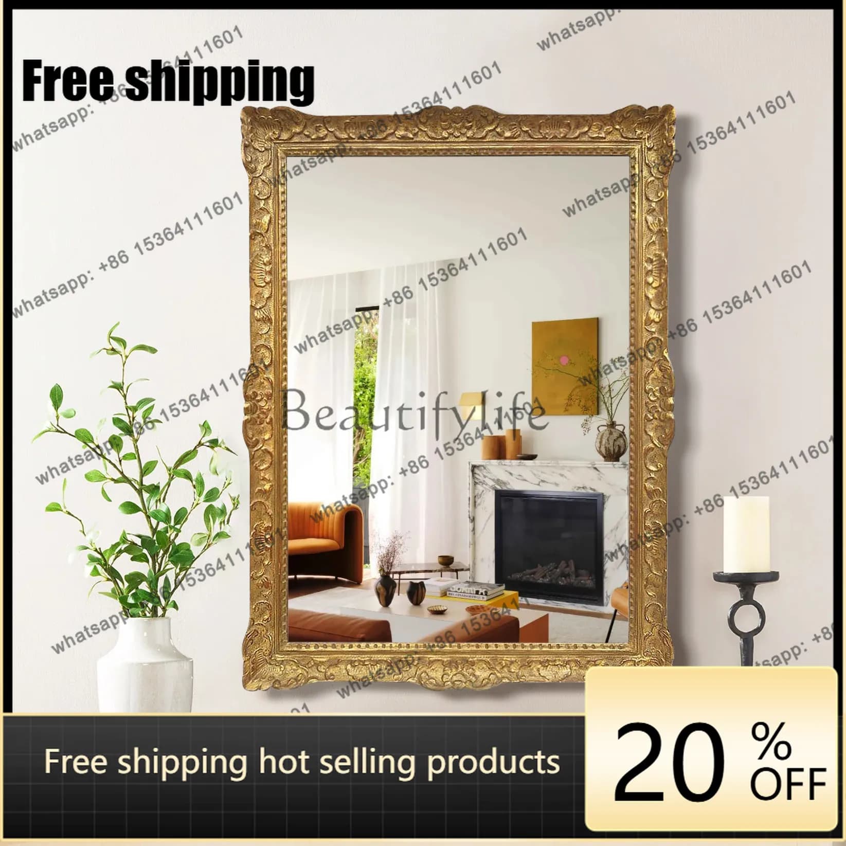 French square makeup mirror bedroom dressing wall hanging background wall retro decoration luxury bathroom mirror