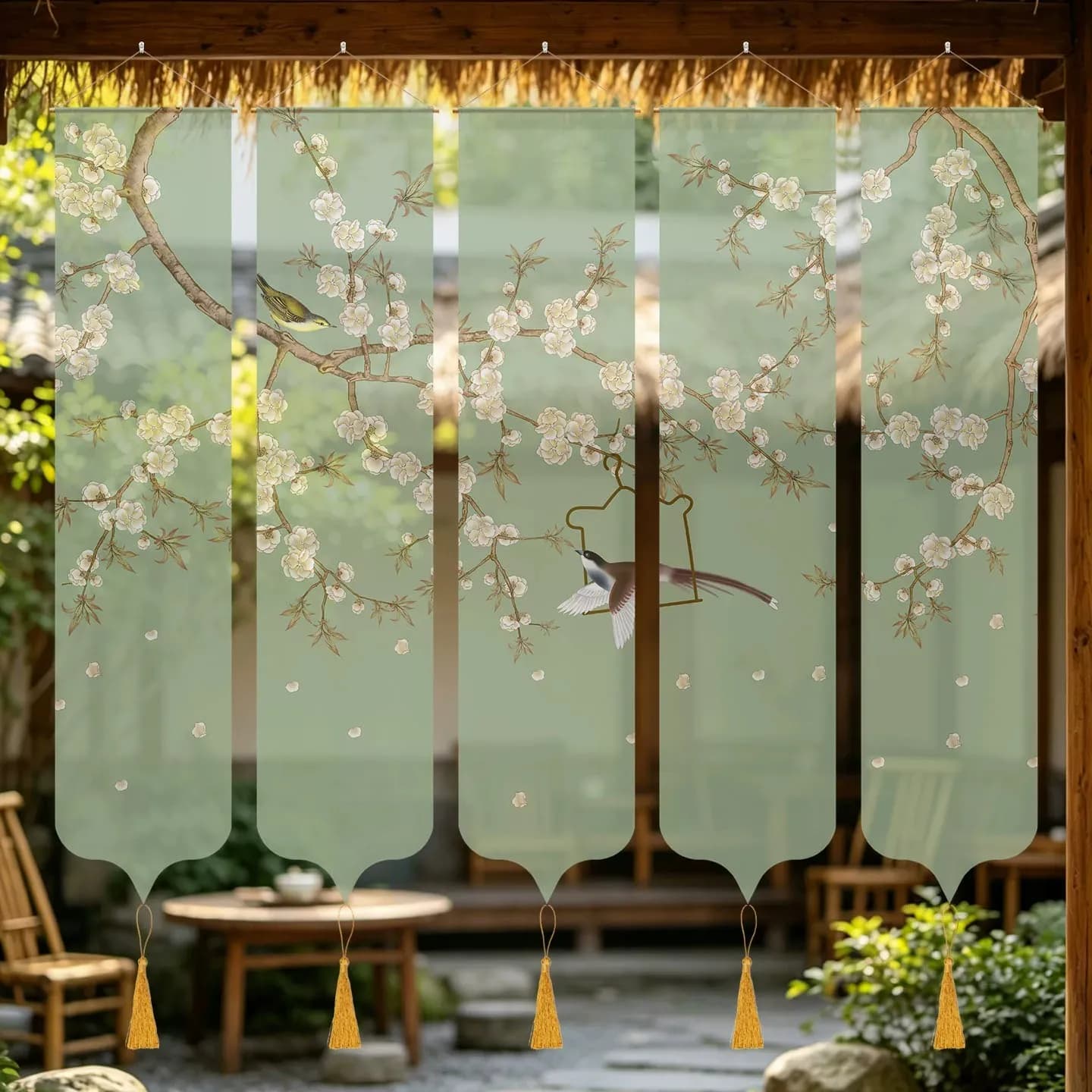 Korean Style Hanging Divider – Soft Sheer Gauze Panel with Tassels,Hanwu style tea ceremony Zen Room & Boutique Hotel Decor