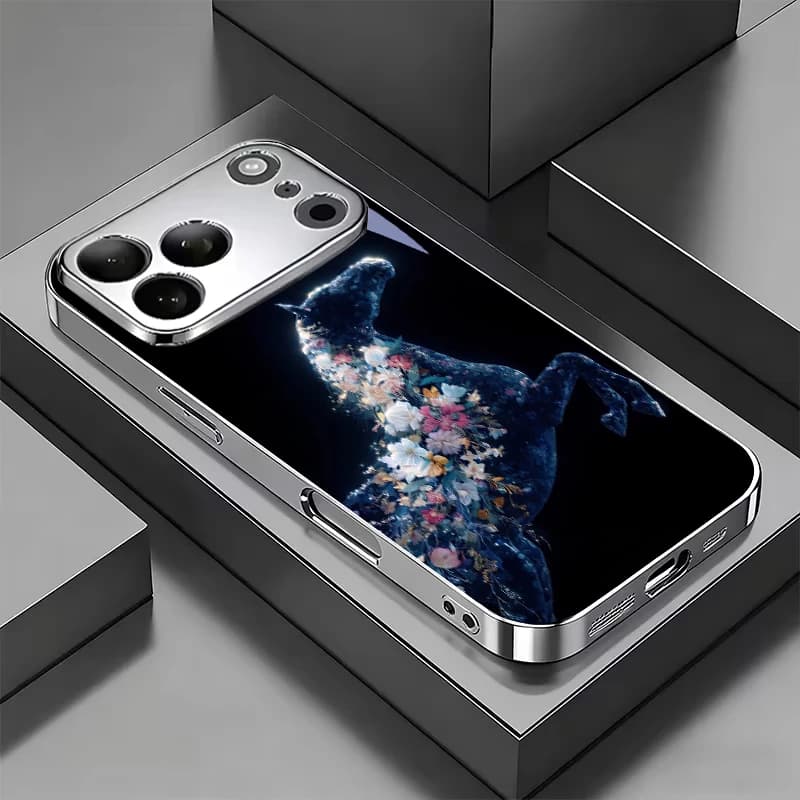 Fantasy Flower Steed Electroplated Silver Phone Case For iPhone 18 Air 17 16 15 14 13 12 11 Pro Max Plus 16E XR 7 8 Glass Cover