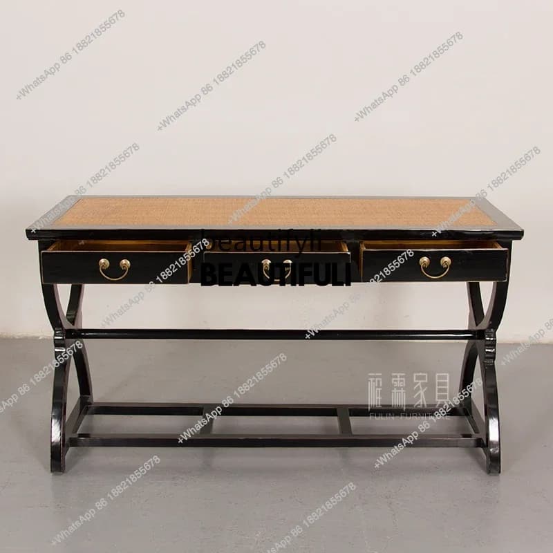 ss8350 Old elm rectangular solid wood computer desk retro with drawers crossed legs writing desk antique