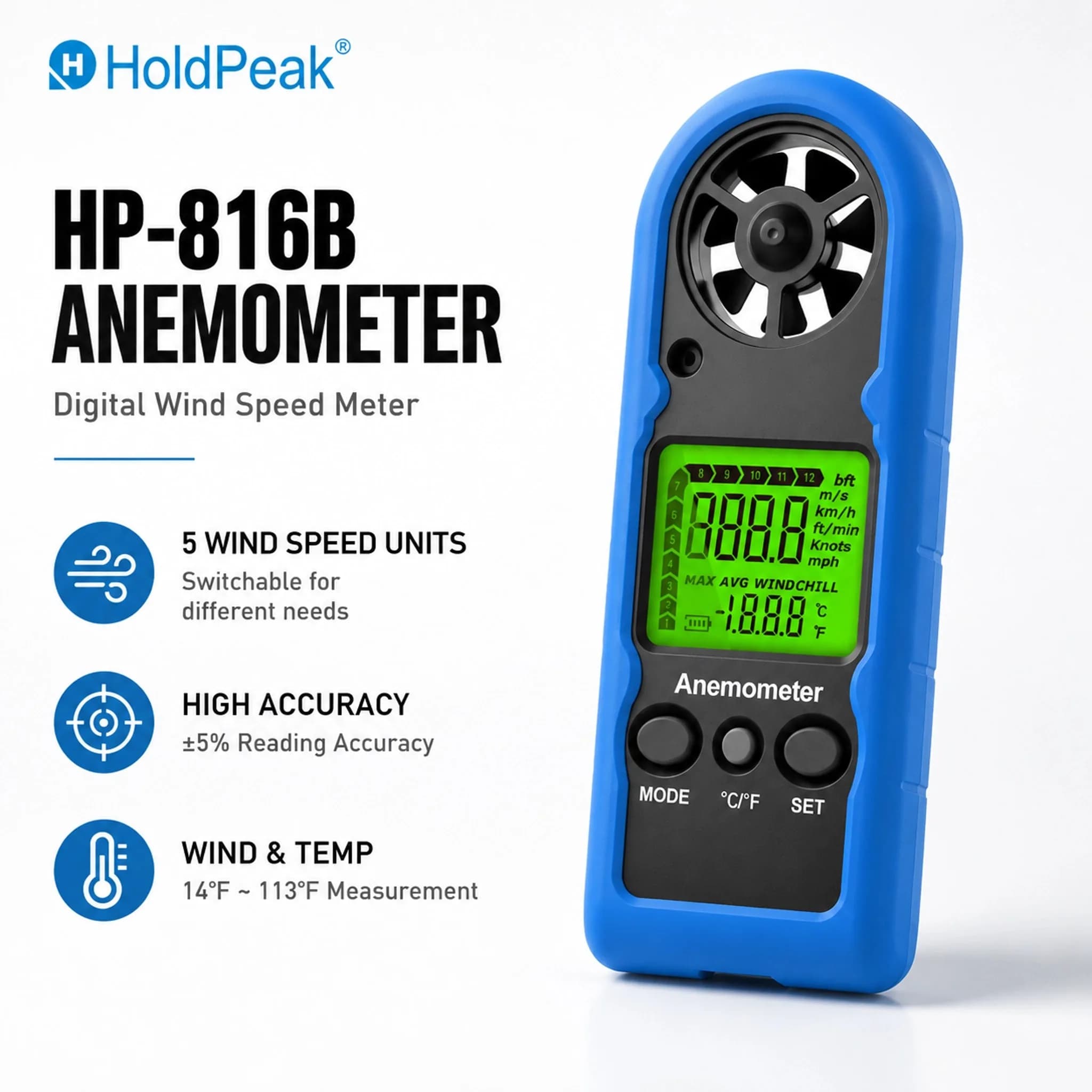 HoldPeak Mini Anemometer 0-30m/s -10~45℃ Current/Average/Max Wind Chill 5 Units CR2032 Battery 53g Lightweight Wind Tester