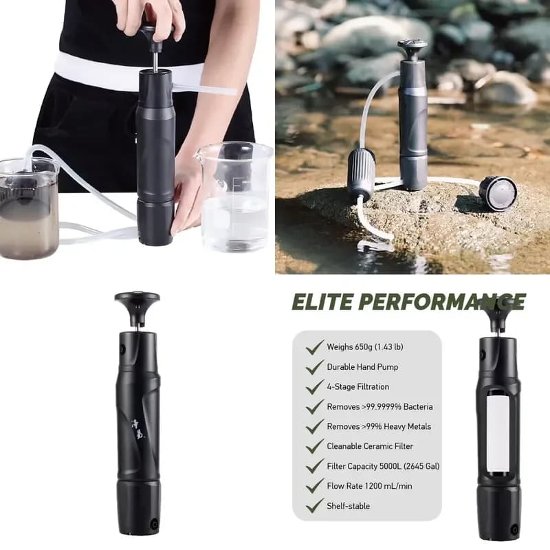 PureEasy Portable Hand Pump Purifier 5 Stages Cleanable Ceramic Water Filter RV Outdoor Adventure Survival Camping Hiking