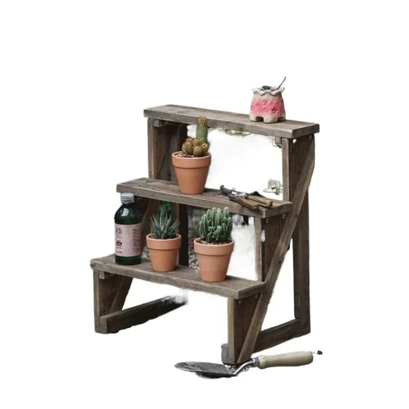 Three-layer stepped small flower rack, solid wood retro old balcony courtyard garden potted plant rack