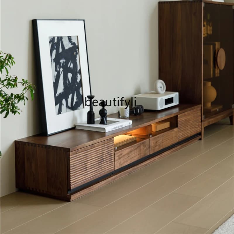 3Nordic Black Walnut Wooden TV Cabinet Living Room with Light Japanese Simple Style Solid Wood Floor Visual Cabinet
