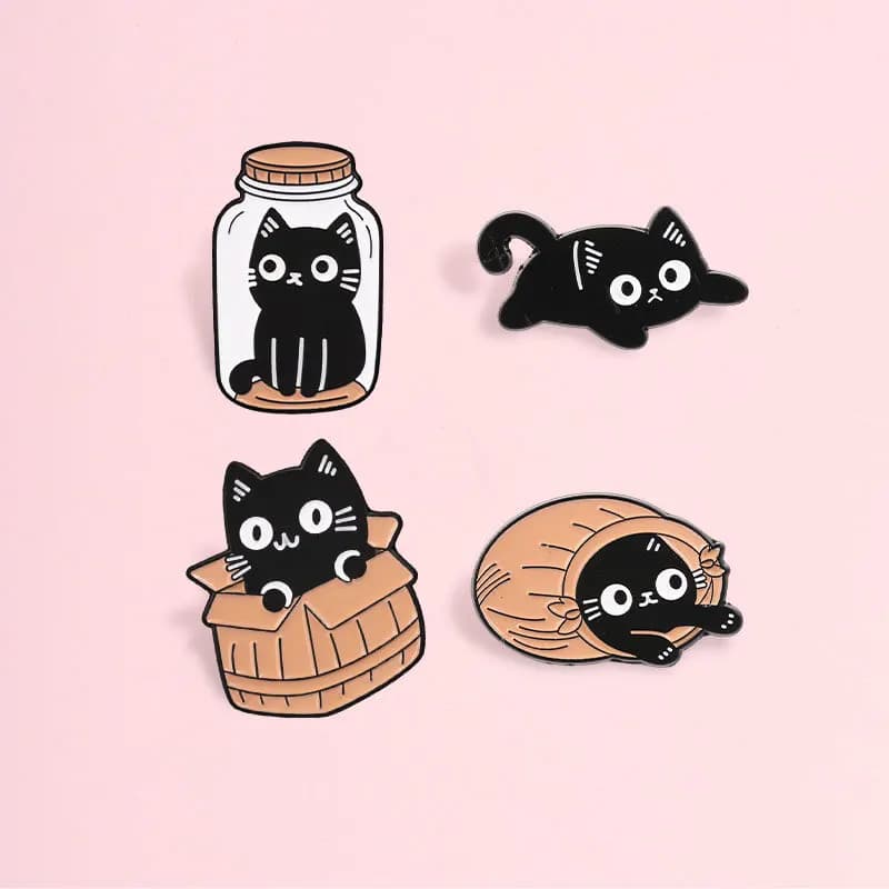 Cute Black Cat Metal Brooch Funny Hide and Seek Design in Can Bag Box Badge Pin for Leisure Gift DIY Clothing Bags Hat Accessory