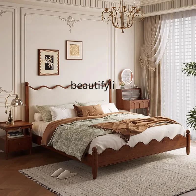 X French Cream Style Retro Bed Antique Style Large Bed Full Double Nordic White Ash Solid Wood Bed