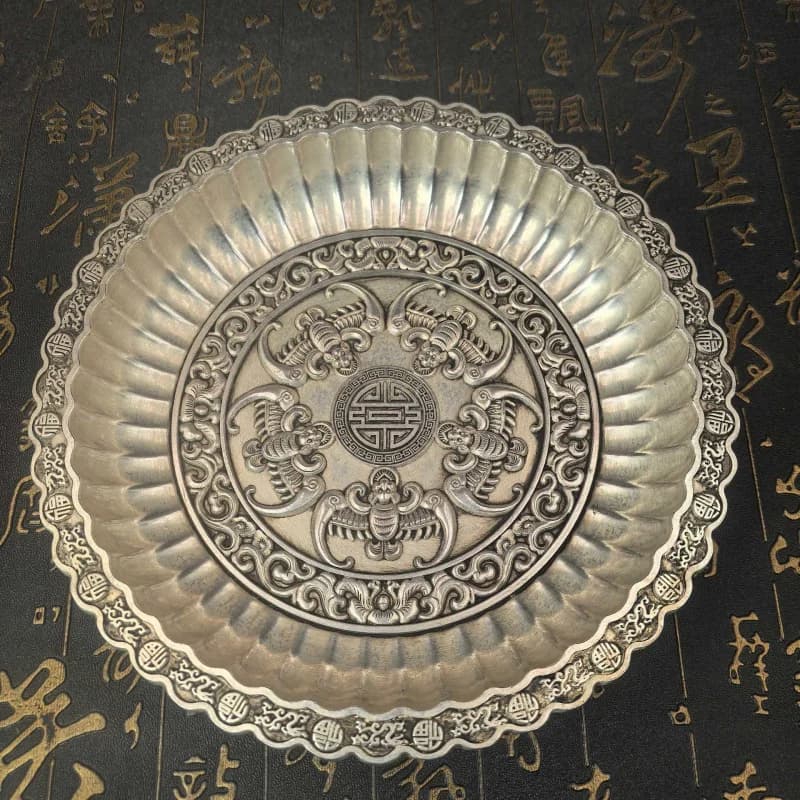 Qianlong Era of the Qing Dynasty Plate, White Copper Silver-Plated, Embossed with Lotus and Bodhisattva, Guanyin Double-Sided La