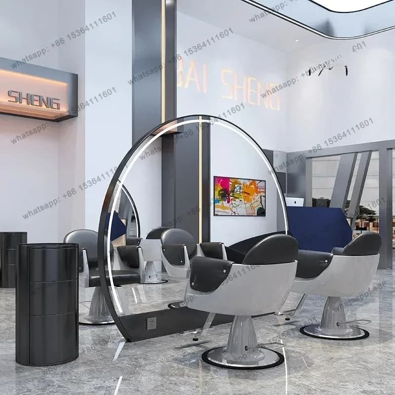 Large Semicircle Barber Shop Mirror with Led Full-Length Mirror Double-Sided Floor Mirror Hair Salon Dressing Table