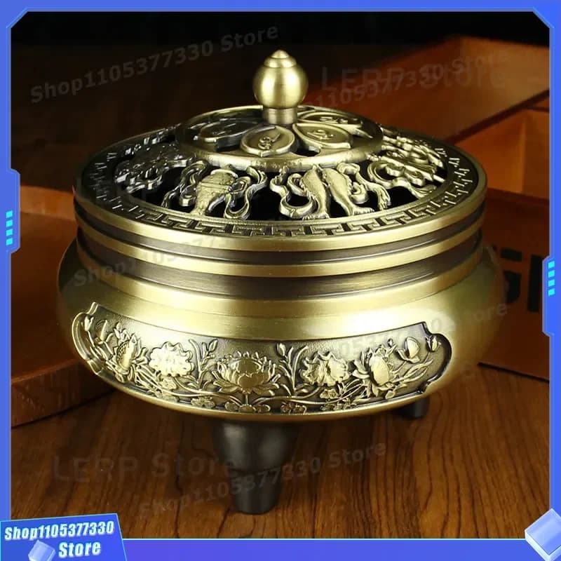 Brass Three Legged Lotus Incense Burner for Living Room Study Line Stick Holder Gourd Shape Five Blessings Mantra Decorative