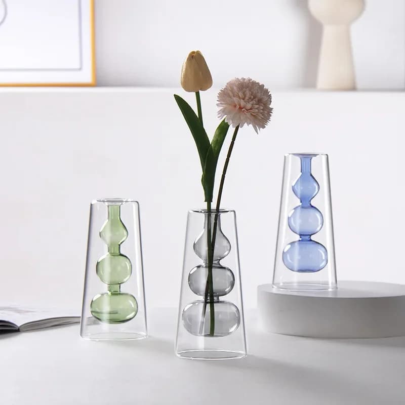 1PC Transparent Glass Double Wall Stained Glass Vase Creative Hydroponic Flower Pot Living Room Home Decoration Ornaments