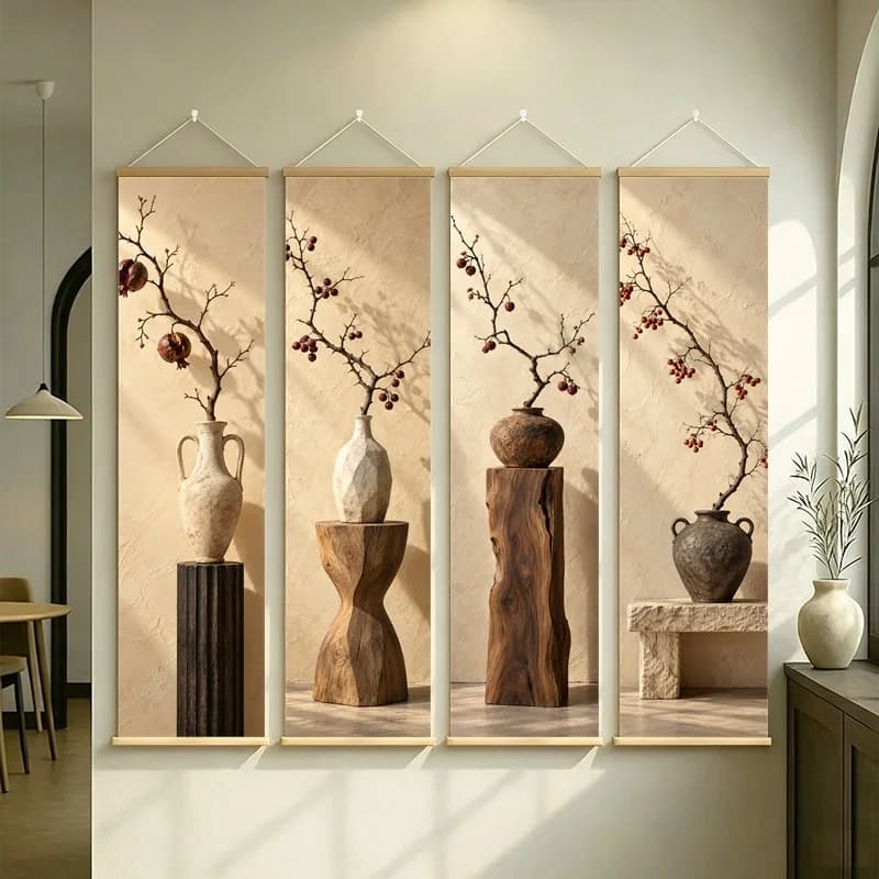 Wall Decor Rowan Berry and Hawthorn Berry, Natural Wabi-Sabi Botanical Silver Shimmer Canvas Hanging Scroll for Spa Room