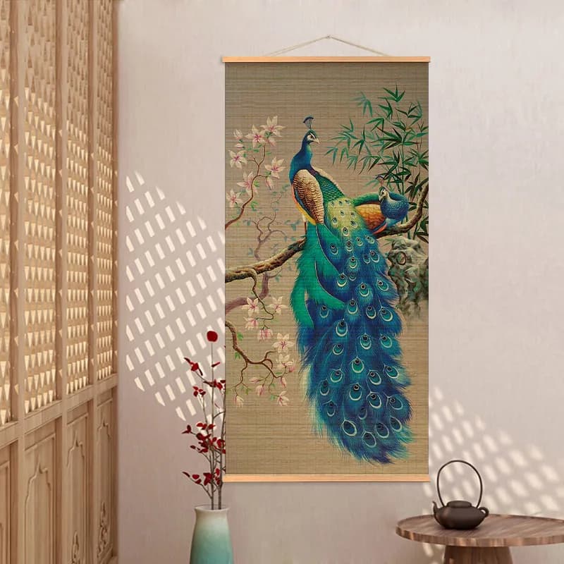 Paintings Peacock Bamboo Scroll Wall Art Zen Minimalism for Living Room Entryway Hallway Mindful Living room decor aesthetic