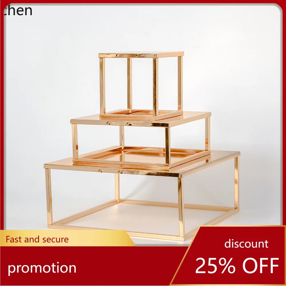 YFY Light Luxury Electroplated gold Metal Cake Stand Wedding Creative Square Tray Cake Shop Birthday Cake Plate Props
