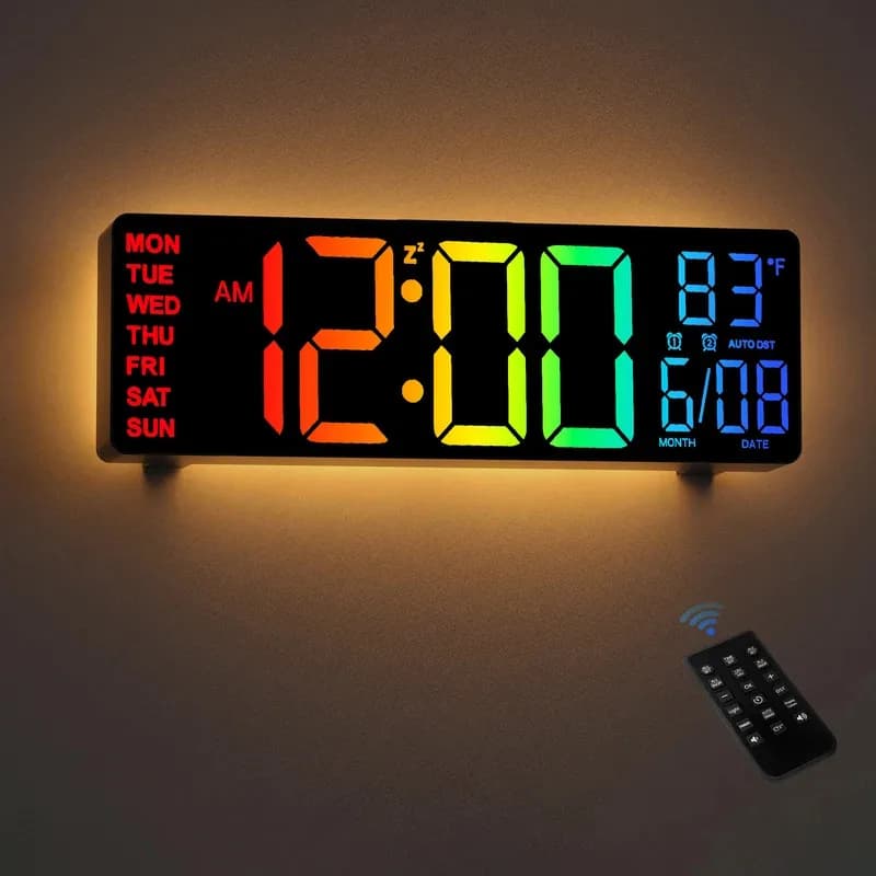 10.5" Digital Wall Clock, LED Display with Remote, Auto DST, Temperature for Living Room, Bedroom, Kitchen