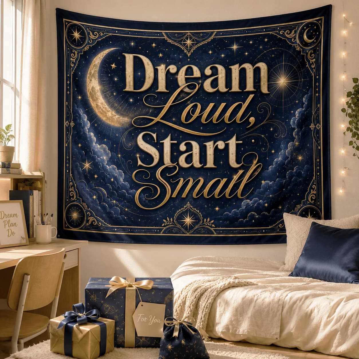 Dream Loud Start Small Wall Tapestry Celestial Moon Star Motivational Quote Hanging Decor for Dorm Bedroom Party Gift