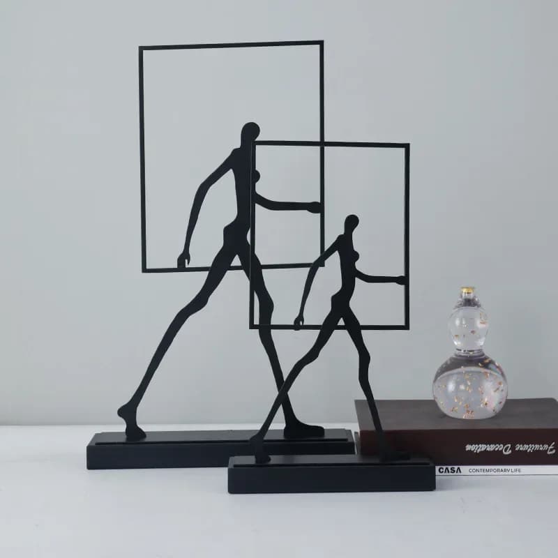 Home Decor Statues Metal Handicraft Abstract Wrought Iron Figures Square Frame Walking People Portrait Cropping Figurines Decor