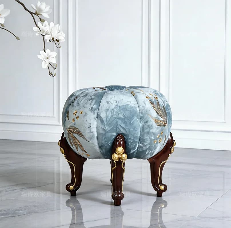 Yjq American pumpkin dressing stool embroidered flannel living room sofa footstool solid wood gold-painted shoe changing stool
