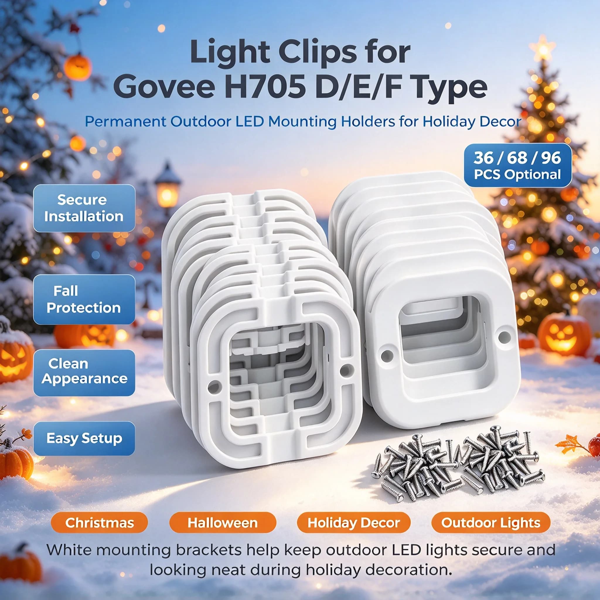 36/68/96pcs Light Clips, for Govee H705(D, E, F Type) Permanent Outdoor Lights, White LED Mounting Holders for Holiday Decor