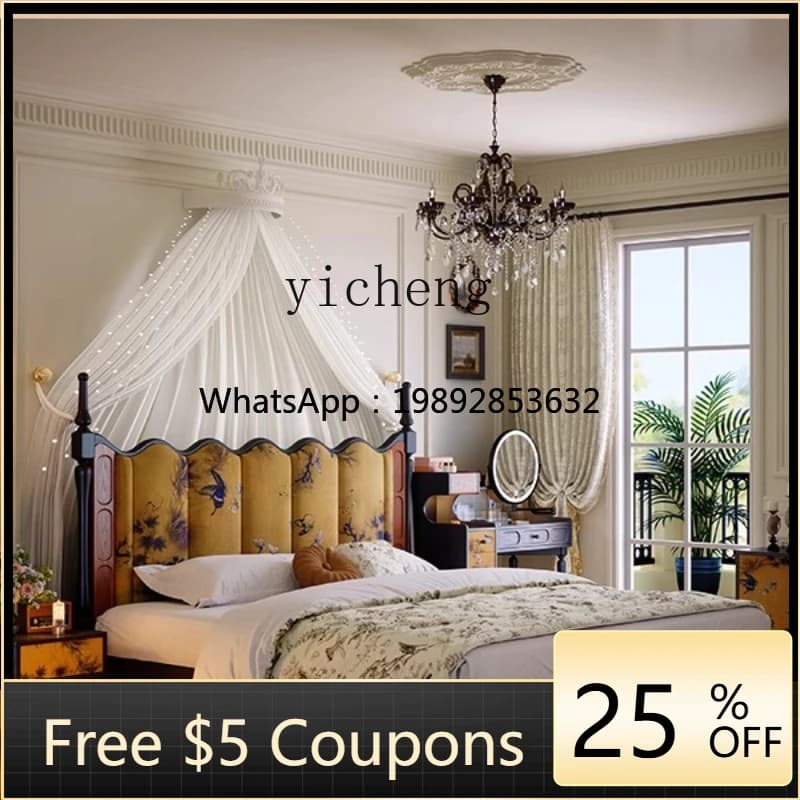R2  retro solid wood bed master bedroom double bed antique fabric soft bag bed