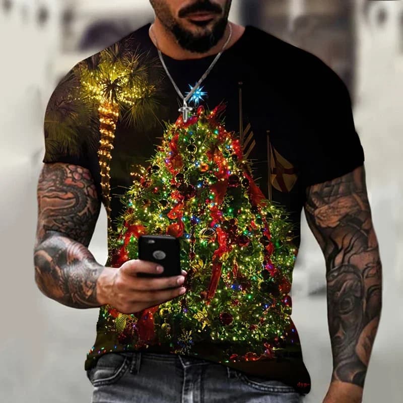 The men's T-shirt features a 3D-patterned Santa Claus costume, with elements such as Christmas trees, snowmen, festive atmospher