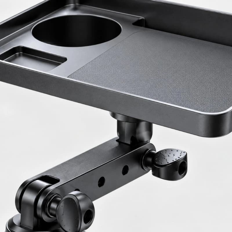 M76E Vehicle Console Tray Organizers with Jointed Support Arm, Adjustment Knobs, Drink Holders Opening, and Phone Slot for