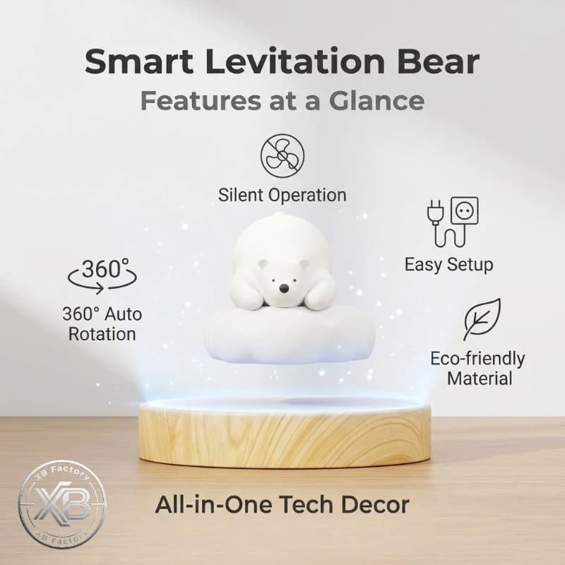 Floating Magnetic Levitating Bear Cloud Polar Bear 360 Rotation Wood Base Unique Novelty Gift for Home Desktop Room Decoration