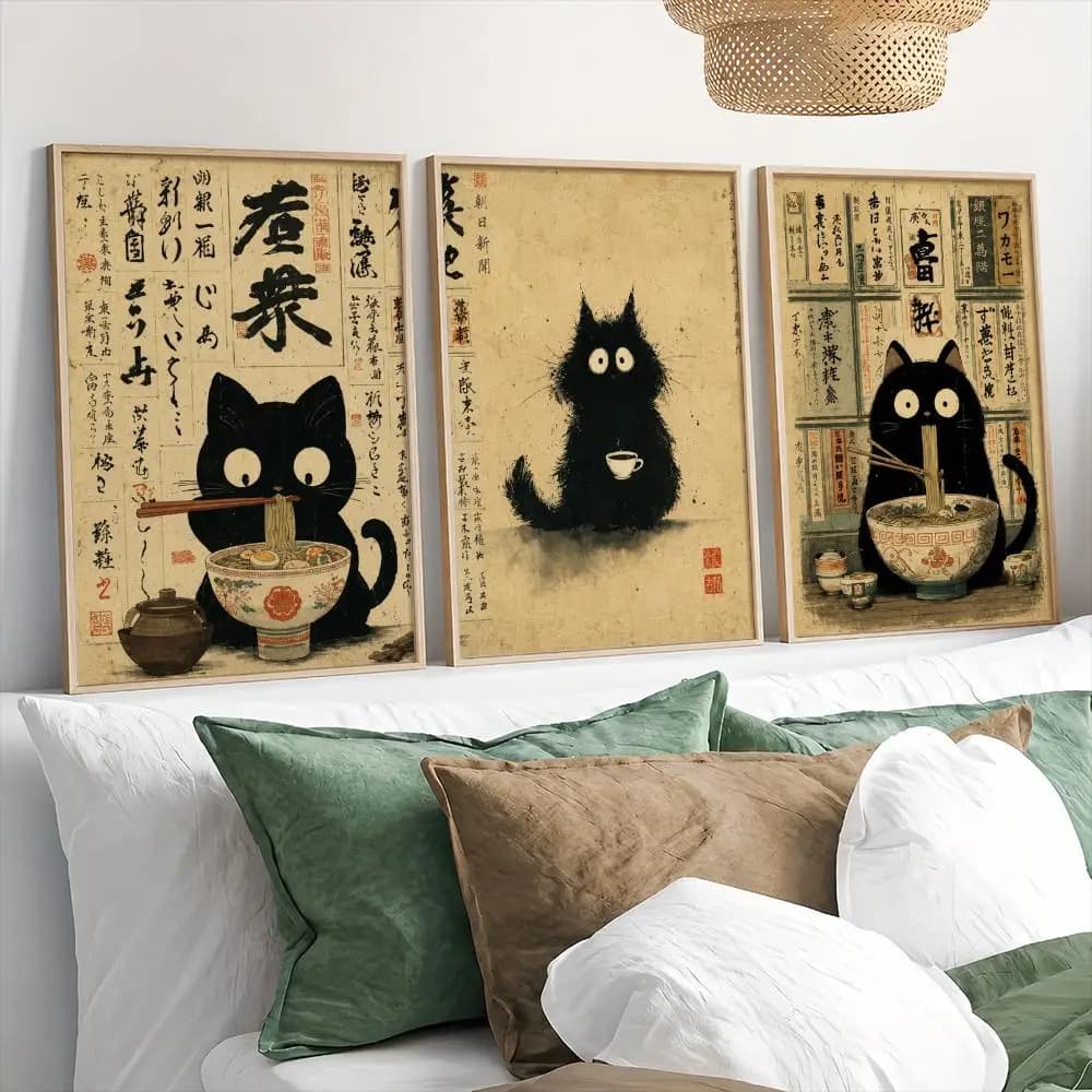 Vintage Japanese Black Cat Ramen Painting Calligraphy 3 PCS Canvas Wall Art Prints for Living Room Decor Modern Wall Decals