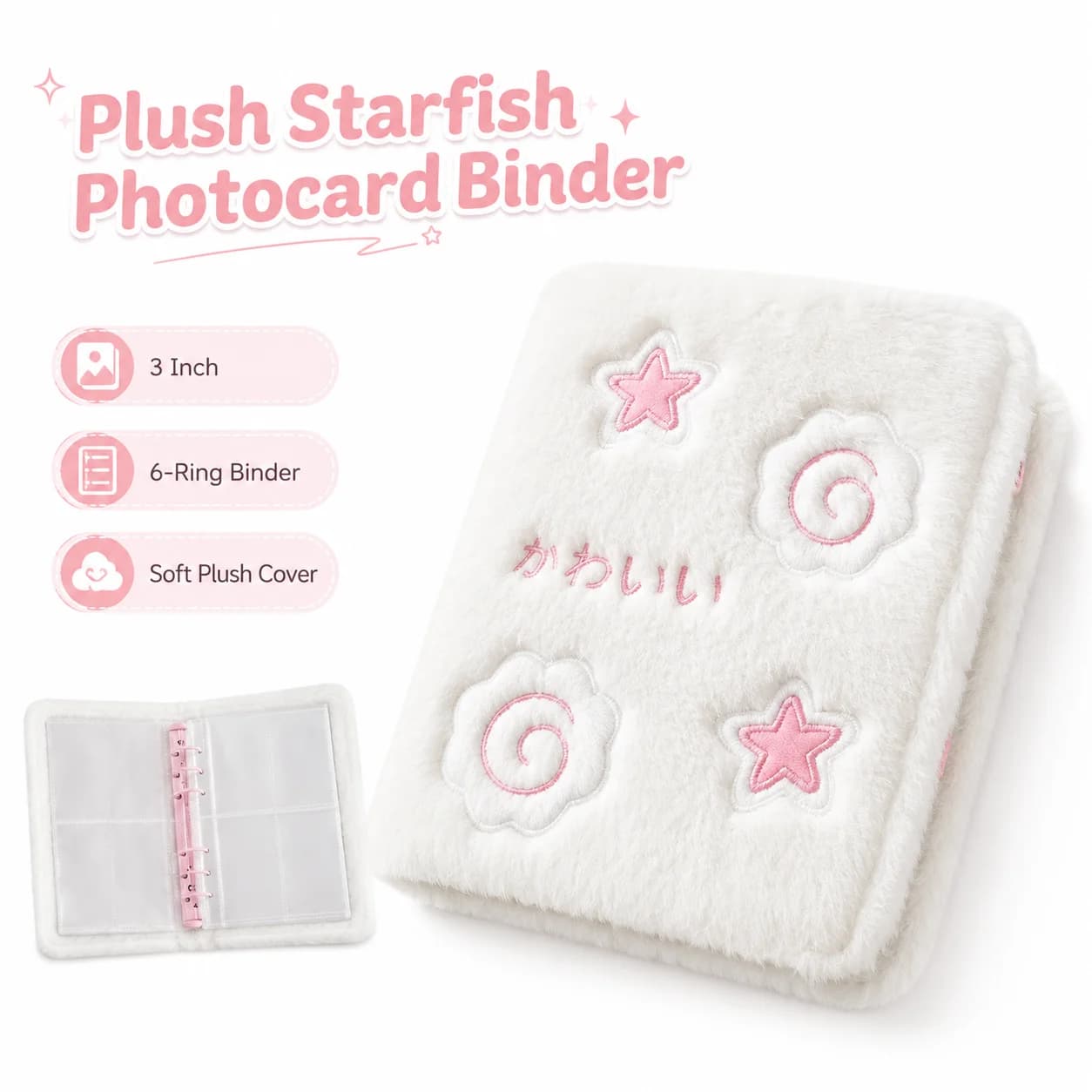Plush Starfish Photo Card Binder, 3 Inch Fuzzy 6-Ring Photocard Album, Cute Idol Card Holder for Kpop Collection
