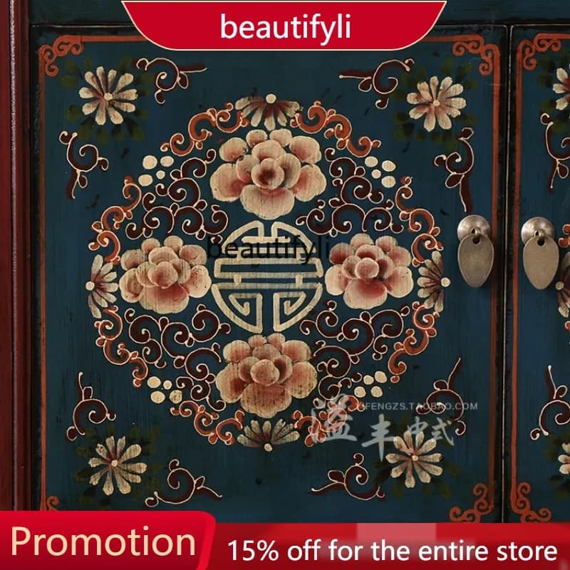 New Antique Imitation Solid Wood Painted Living Room Partition Entrance Cabinet Hand-painted Vintage Decorative Side Cabinet 410