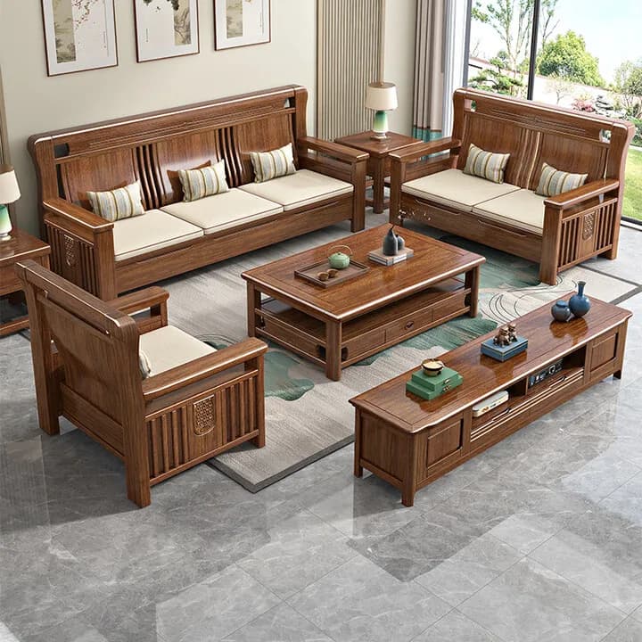 LMM new Chinese-style solid wood sofa living room combination modern simple small apartment winter and summer dual-use