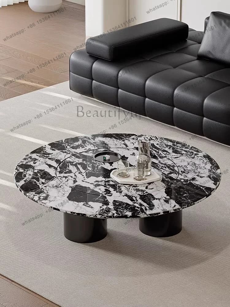 Italian minimalist marble coffee table round with turntable rotatable storage tea table