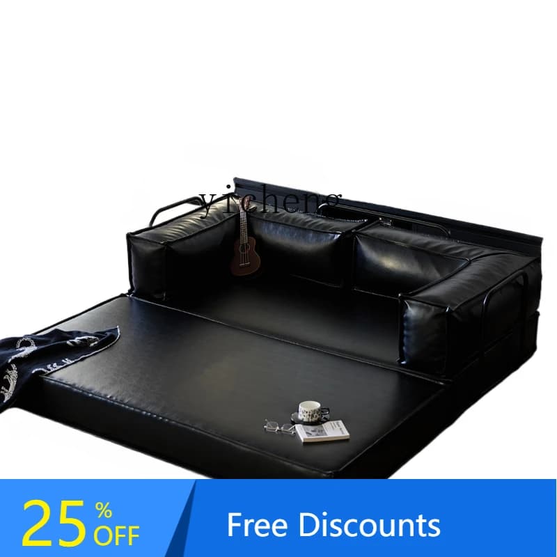 Black simple small apartment living room sofa bed dual-purpose multi-functional module leather art sofa