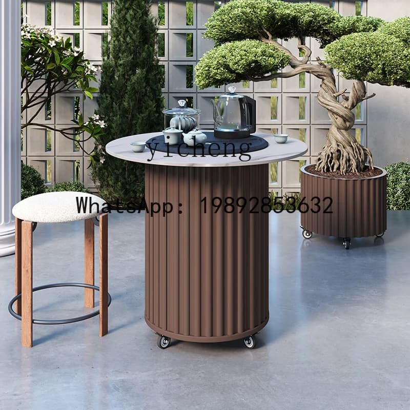 outdoor aluminum alloy waterproof and sunscreen multi-functional round mobile coffee table courtyard balcony