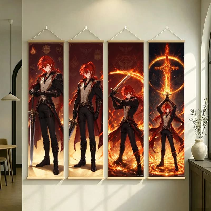 Hanging Scroll Wall Art of Genshin Impact Diluc with Fiery Red Motifs on Silver Shimmer Canvas for an Anime Bedroom