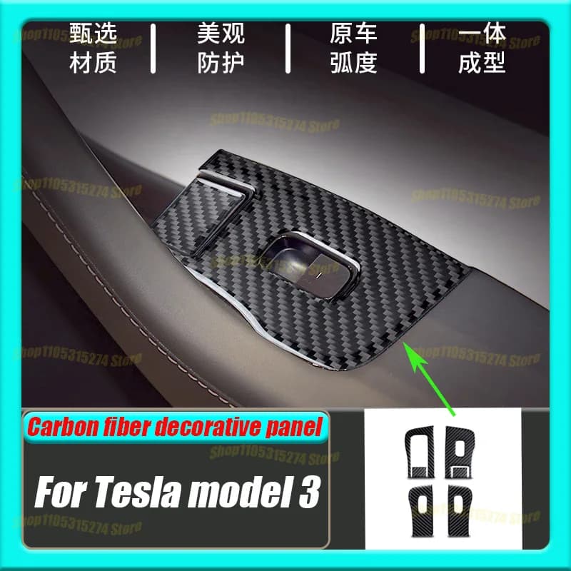 Real Carbon Fiber Window Lift Panel Sticker, Suitable for Tesla Model 3 Interior Modification Auto Parts