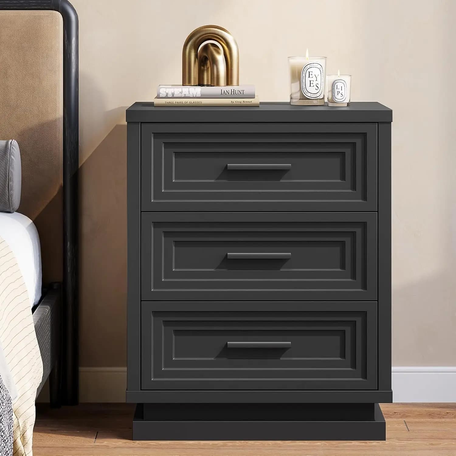Modern Black Nightstand with 3 Drawers Wood Bedside End Table Vintage Furniture with Metal luxury Handles Bedroom Use Custom
